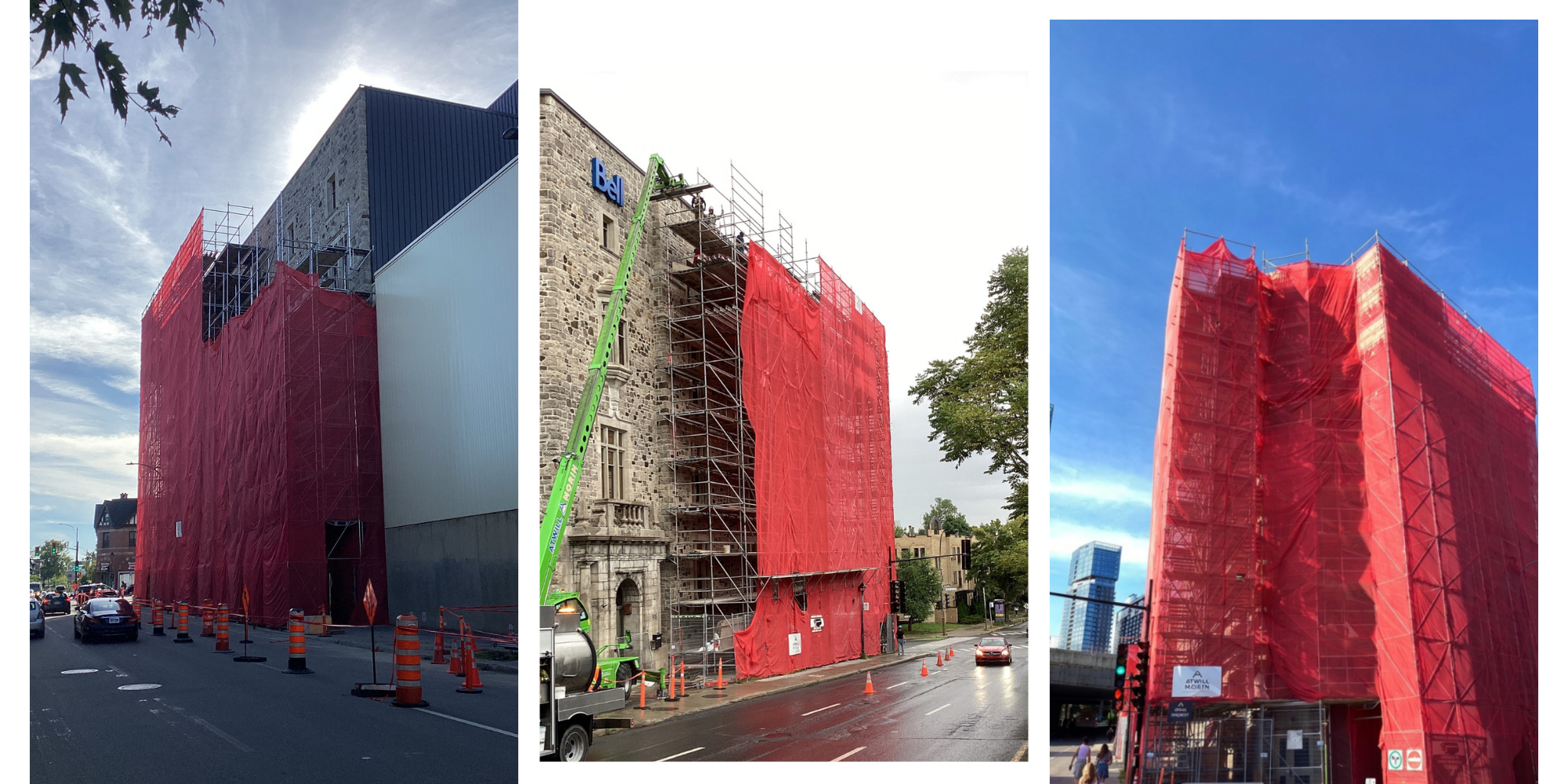 3 photos de l'échafaudage autour du bâtiment durant les travaux