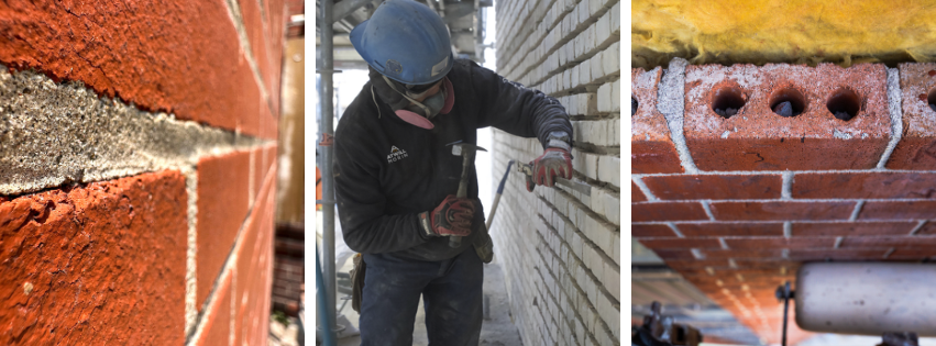 Façades en brique et maçon effectuant des travaux de rejointoiement